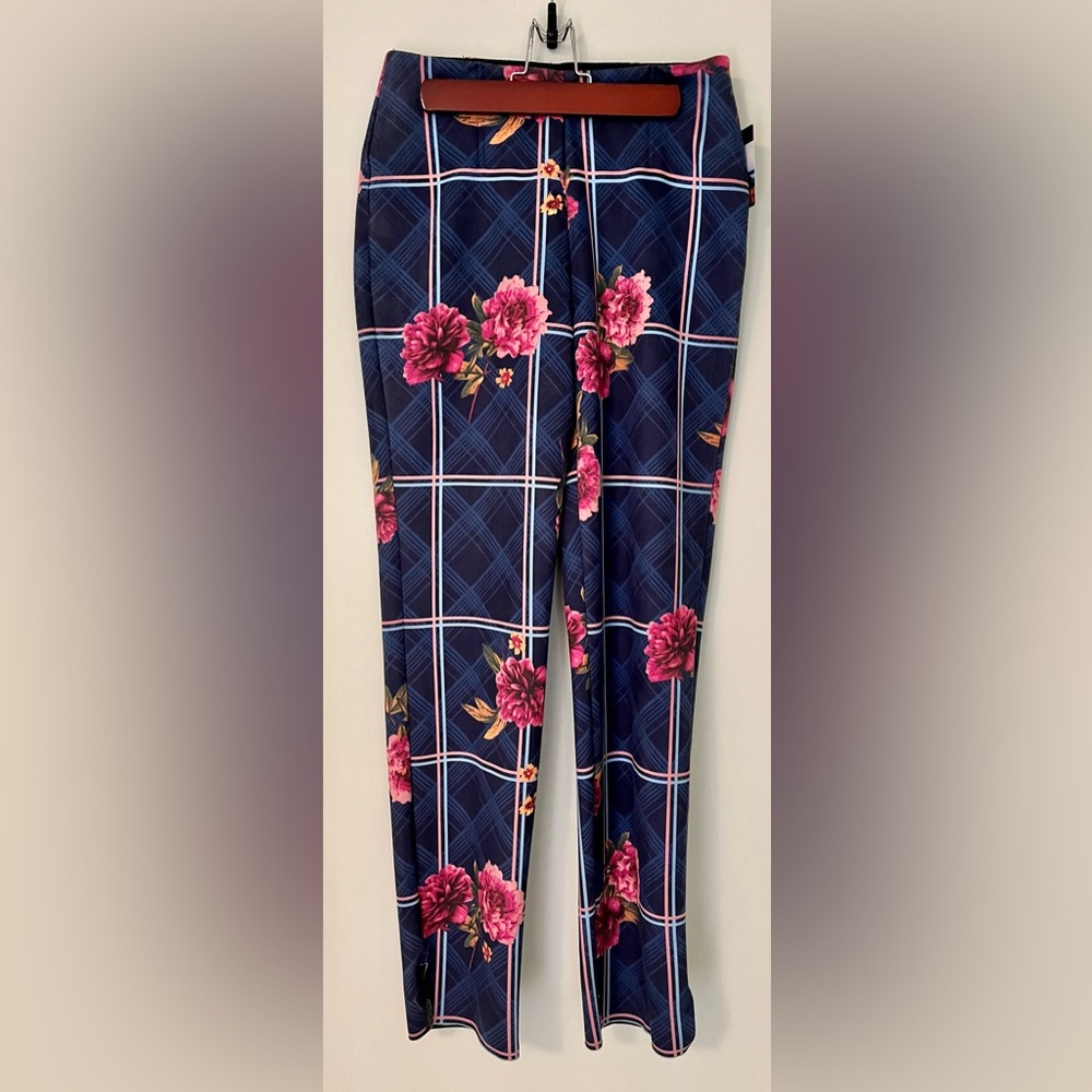 NWT Nygard Luxe Slims navy blue skinny pants colourful plaid & floral pattern
